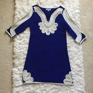 Camila Tree blue shift dress with white embroidery